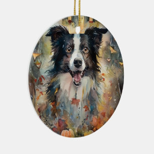 Halloween Border Collie mit Pumpkins Beängstigend Keramik Ornament