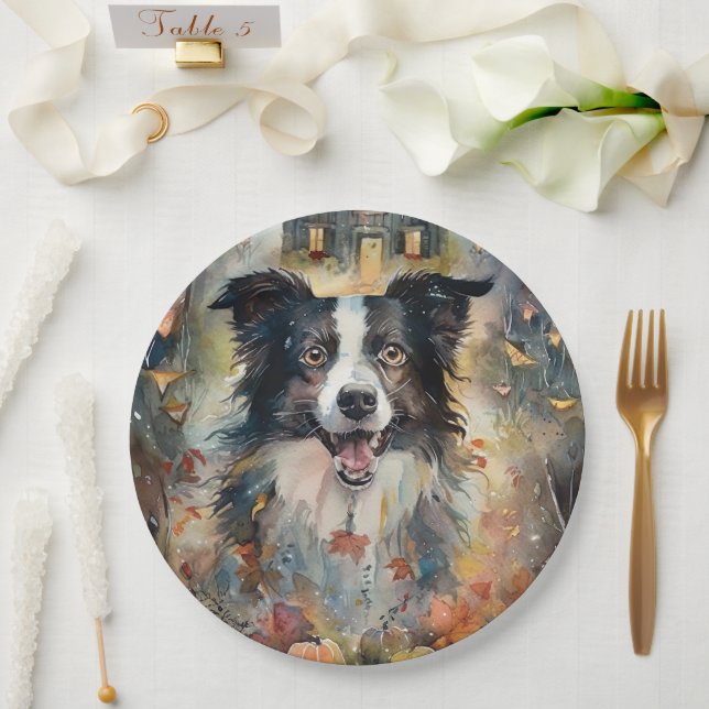Halloween Border Collie mit Pumpkins Beängstigend Pappteller (Hochzeit)