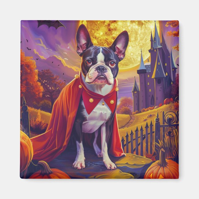 Halloween Boston Terrier Dog Pumpkins Beängstigend Magnet (Vorne)