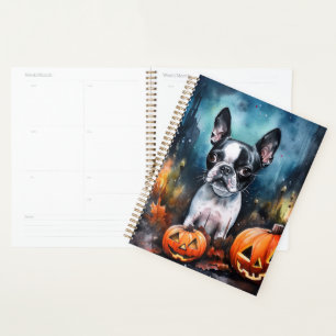 Halloween Boston Terrier mit Kürbissen Gruselig Planer