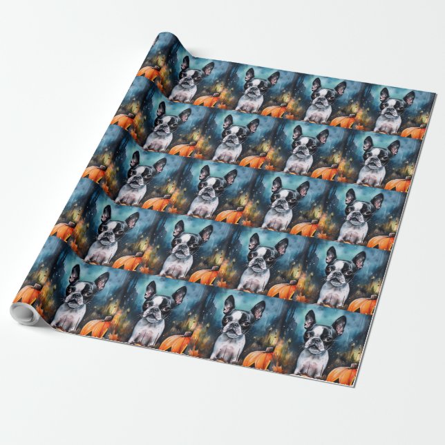 Halloween Boston Terrier mit Pumpkins Beängstigend Geschenkpapier (Ungerollt)