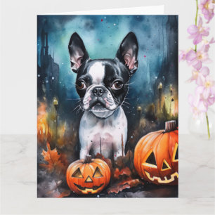 Halloween Boston Terrier mit Pumpkins Beängstigend Karte