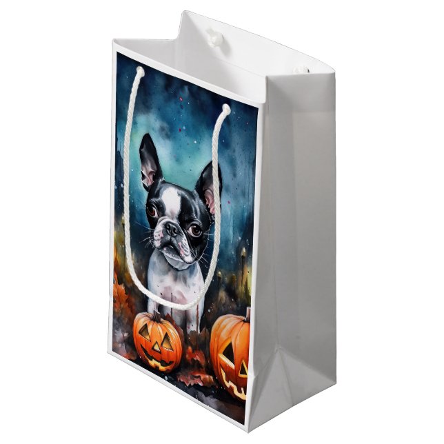 Halloween Boston Terrier mit Pumpkins Beängstigend Kleine Geschenktüte (Vorderseite Schrägansicht)