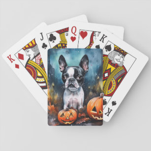Halloween Boston Terrier mit Pumpkins Beängstigend Spielkarten