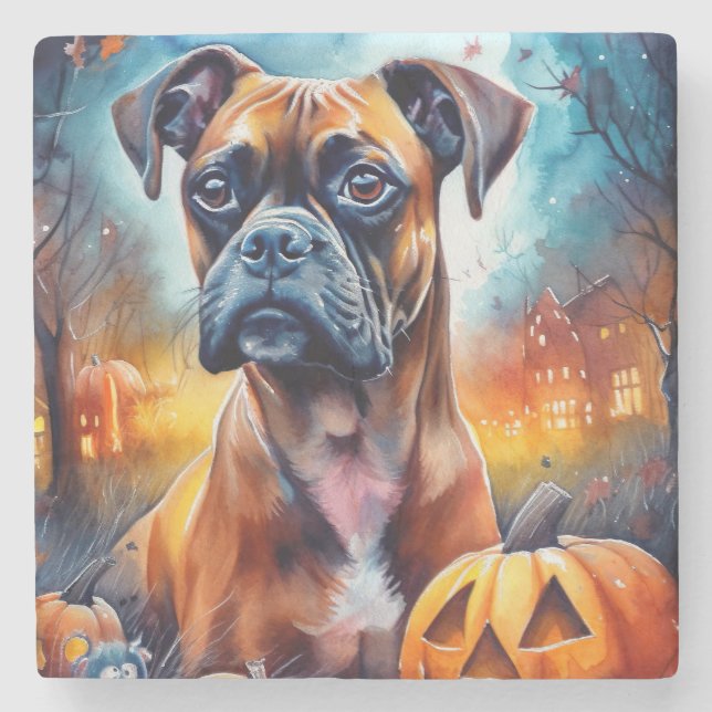 Halloween Boxer mit Pumpkins Beängstigend Steinuntersetzer (Vorderseite)
