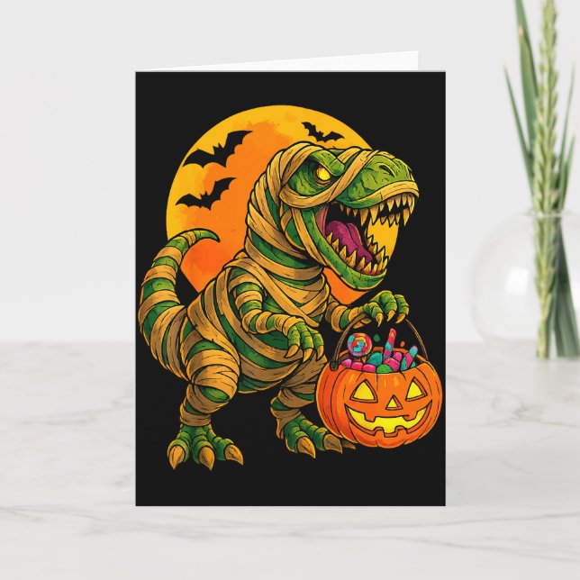 Halloween Boys Dinosaur Mummy T Rex Y Pumpkin Moon Karte (Vorderseite)