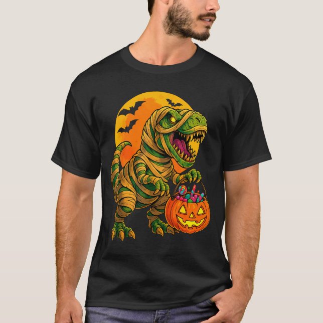 Halloween Boys Dinosaur Mummy T Rex Y Pumpkin Moon T-Shirt (Vorderseite)