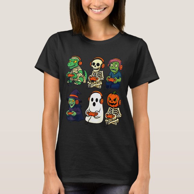 Halloween Boys Kids Gamer Dinosaur Skeleton Ghost  T-Shirt (Vorderseite)
