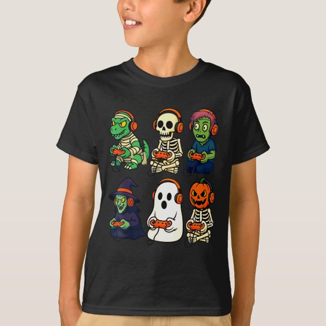 Halloween Boys Kids Gamer Dinosaur Skeleton Ghost  T-Shirt (Vorderseite)