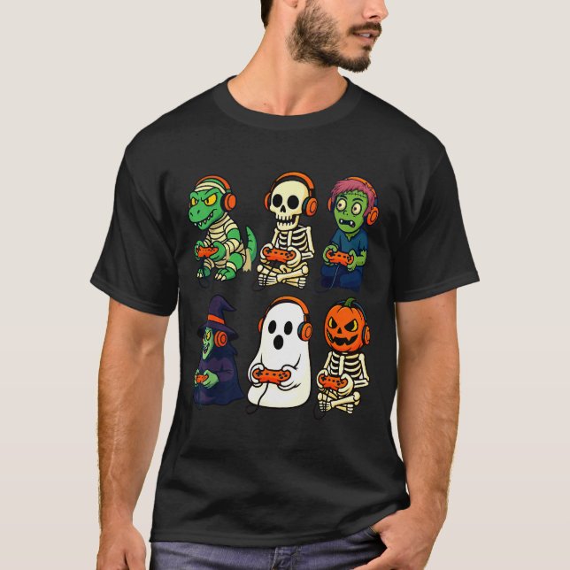 Halloween Boys Kids Gamer Dinosaur Skeleton Ghost  T-Shirt (Vorderseite)