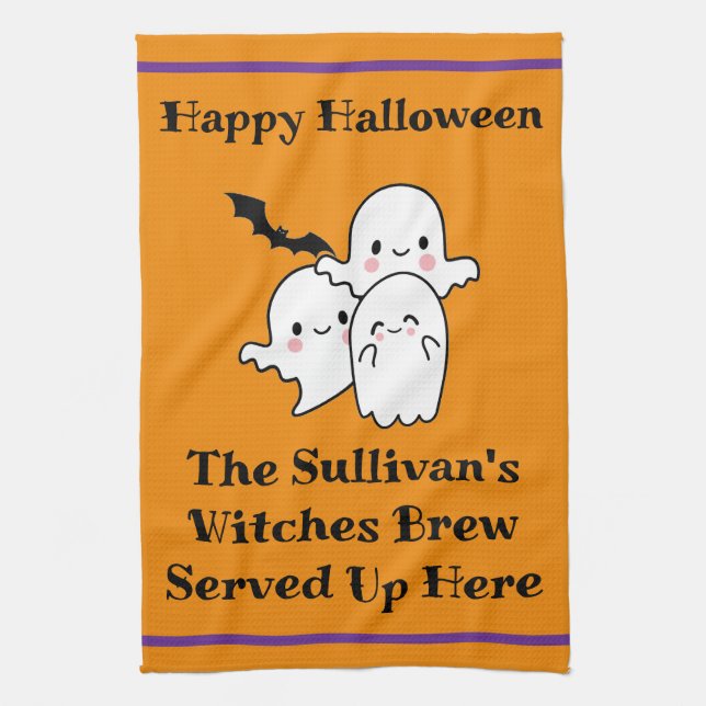 Halloween Brew Fun Ghost Bat Hexerei Orange Geschirrtuch (Vertikal)
