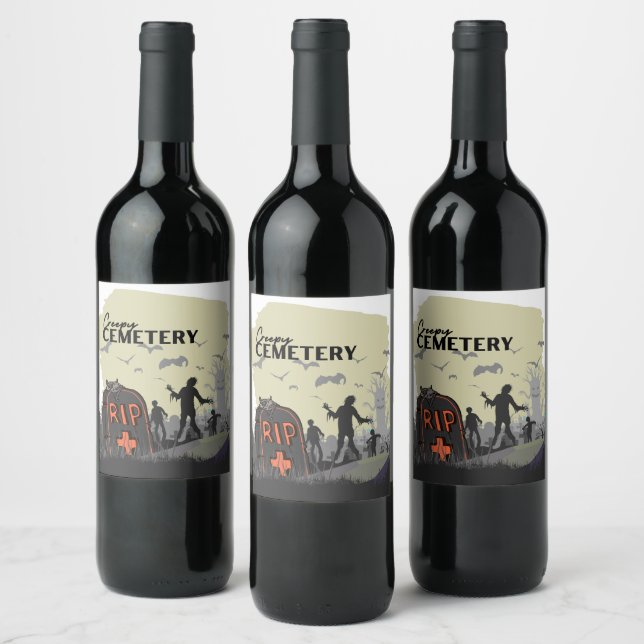 Halloween Briefmarke Collection "Creepy Friedhof" Weinetikett (Flaschen)