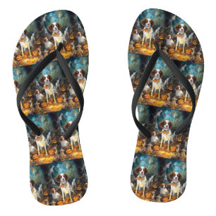 Halloween Brittany Spaniel mit Kürbissen Gruselig Flip Flops