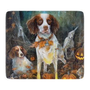 Halloween Brittany Spaniel mit Kürbissen Gruselig Schneidebrett