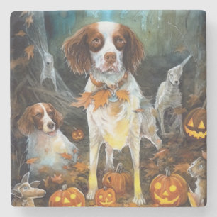 Halloween Brittany Spaniel mit Kürbissen Gruselig Steinuntersetzer