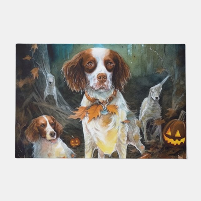 Halloween Brittany Spaniel mit Pumpkins Beängstige Fußmatte (Vorderseite)