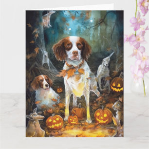 Halloween Brittany Spaniel mit Pumpkins Beängstige Karte