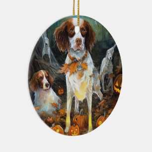 Halloween Brittany Spaniel mit Pumpkins Beängstige Keramik Ornament