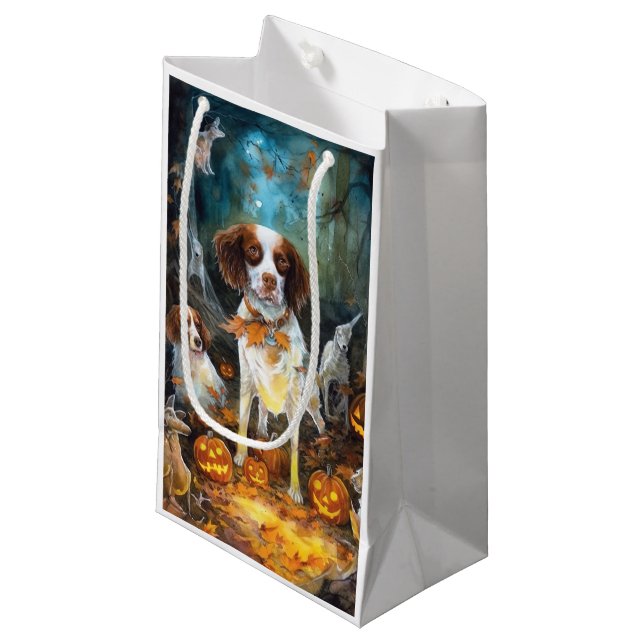 Halloween Brittany Spaniel mit Pumpkins Beängstige Kleine Geschenktüte (Vorderseite Schrägansicht)