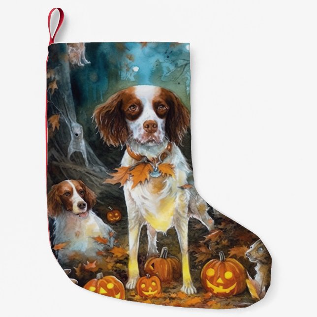 Halloween Brittany Spaniel mit Pumpkins Beängstige Kleiner Weihnachtsstrumpf (Vorderseite)