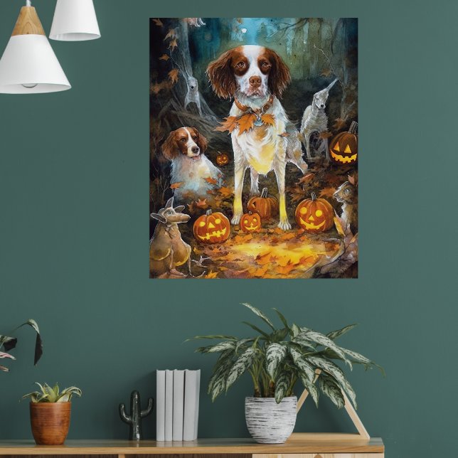 Halloween Brittany Spaniel mit Pumpkins Beängstige Poster (Wohnzimmer 1)