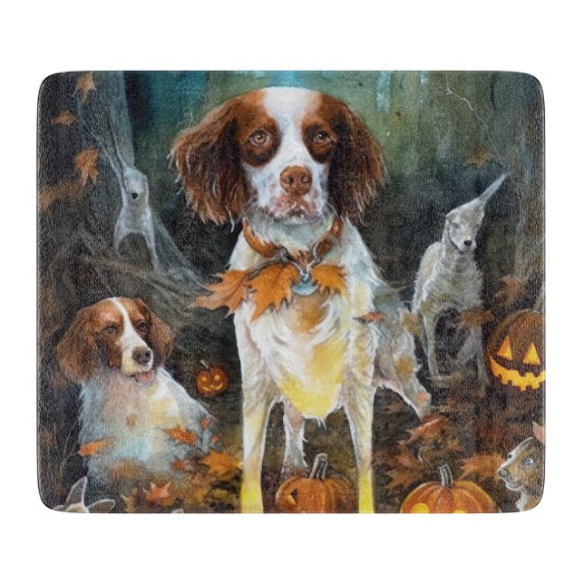 Halloween Brittany Spaniel mit Pumpkins Beängstige Schneidebrett (Vorderseite)