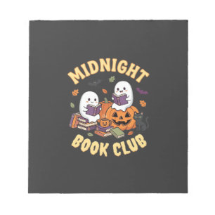 Halloween-Buchclub-Geist liest Kürbis-Design_1 Notizblock