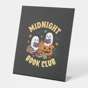 Halloween-Buchclub-Geist liest Kürbis-Design_1 Sockelschild