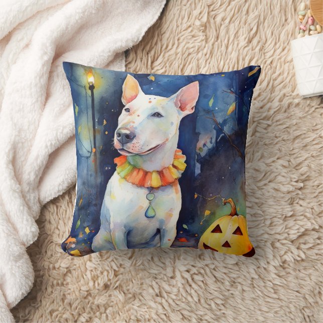 Halloween Bull Terrier mit Pumpkins Beängstigend Kissen (Decke)