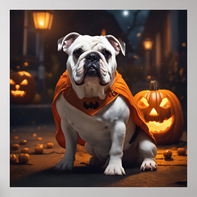 Halloween Bulldog mit Kostüm an einer Oktobernacht Poster (Vorne)