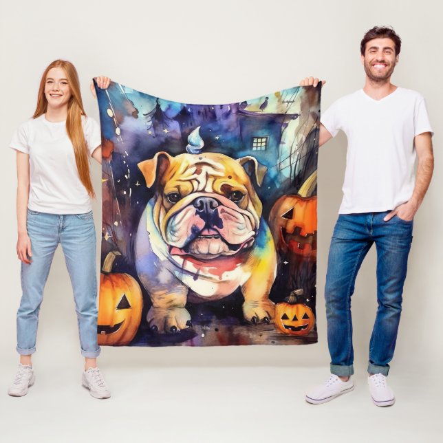 Halloween Bulldog mit Pumpkins Beängstigend Fleecedecke (Beispiel)