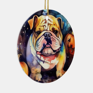 Halloween Bulldog mit Pumpkins Beängstigend Keramik Ornament