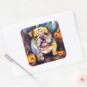 Halloween Bulldog mit Pumpkins Beängstigend Quadratischer Aufkleber