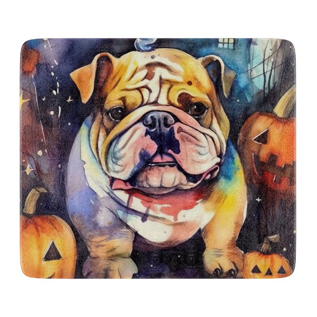 Halloween Bulldog mit Pumpkins Beängstigend Schneidebrett (Vorderseite)