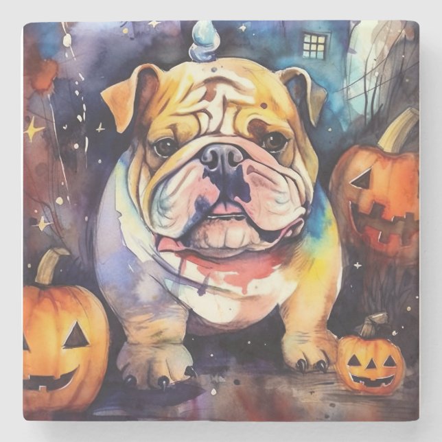Halloween Bulldog mit Pumpkins Beängstigend Steinuntersetzer (Vorderseite)