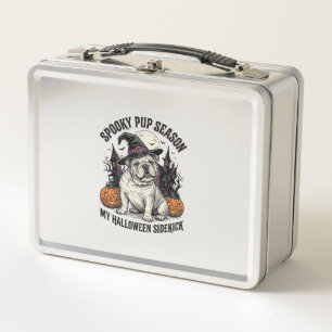 Halloween Bulldog-Shirt Süße Hexe Hund Vintage Gra Metall Brotdose