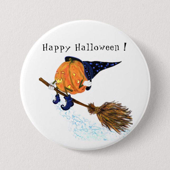 Halloween Button Hexenkürbis Flying Broom (Vorderseite)