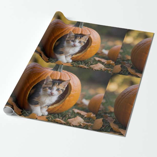 Halloween Calico Kitten sitzt in einem Kürbis Geschenkpapier (Ungerollt)