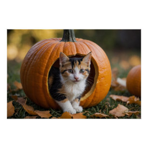 Halloween Calico Kitten sitzt in einem Kürbis Poster