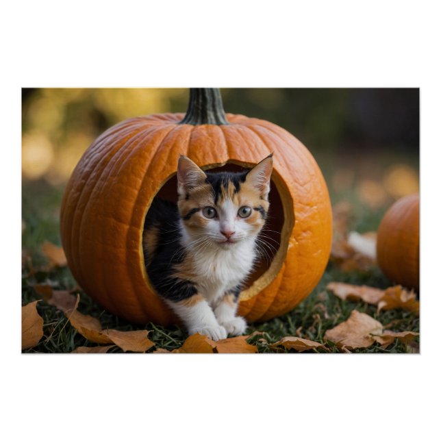 Halloween Calico Kitten sitzt in einem Kürbis Poster (Vorderseite)