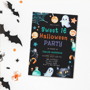 Halloween Candy Frame Ghosts Black Cat Sweet 16 Einladung