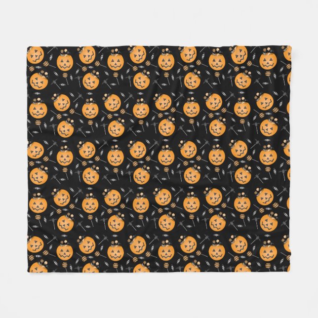 Halloween Candy Pumpkin Bucket Pattern Fleecedecke (Vorderseite (Horizontal))