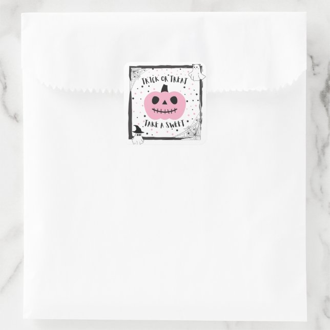 Halloween Candy rosa Kürbis nehmen Sie eine süße B Quadratischer Aufkleber (Tasche)