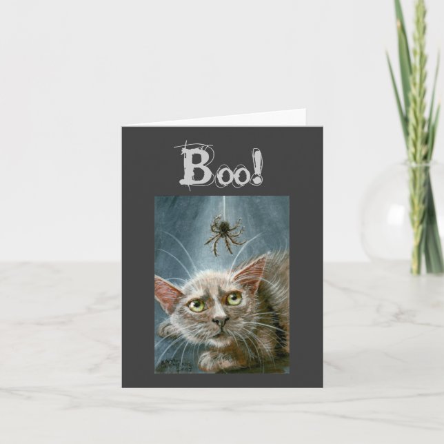 Halloween Card, Cat and Spider, Boo! Karte (Vorderseite)