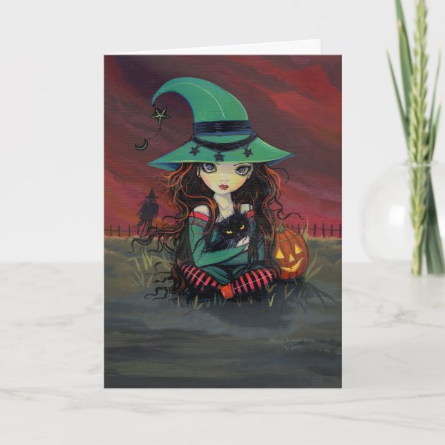 Halloween Card Niedlich Hexe und Schwarze Katze Karte (Vorderseite)