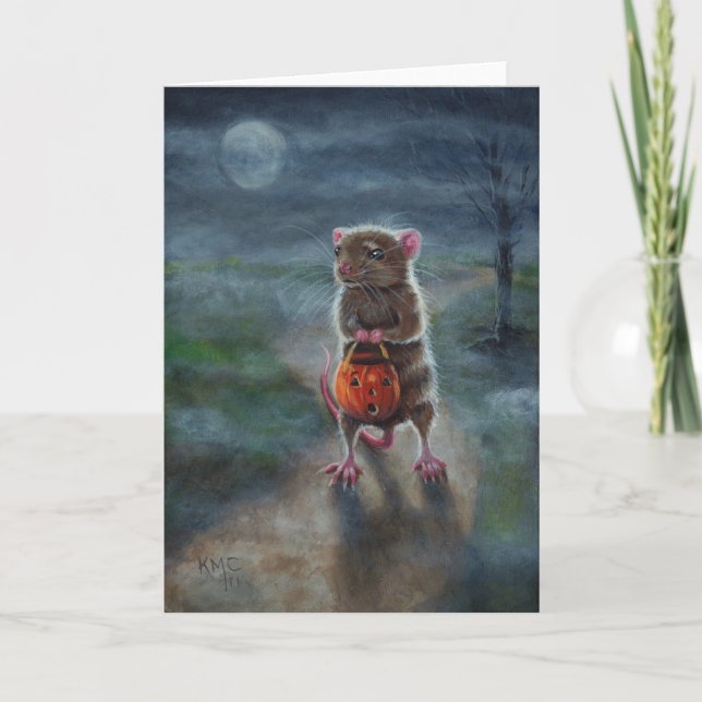 Halloween card Rat Pumpkin basket full moon fog Karte (Vorderseite)