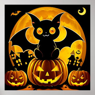 Halloween-Cartoon-Fledermäuse fliegen über Kürbiss Poster