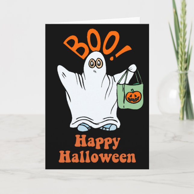 Halloween-Cartoon-Ghost-Trick oder -Treatkarte Karte (Vorderseite)