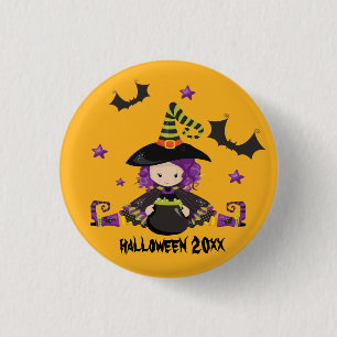 Halloween-Cartoon-Hexe-Fledermäuse-Kessel-grüne Mi Button