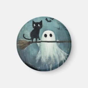 Halloween Cat and Ghost Flying on Broom Magnet